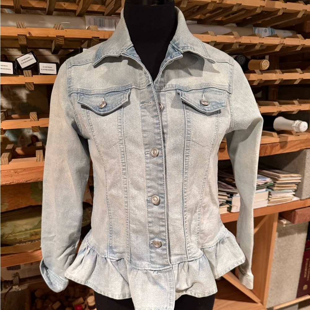 DG2 by Diane Gilman Light Blue Denim‎ Jacket with Ruffle Hem